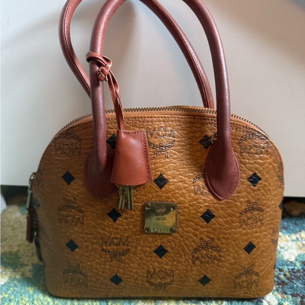MCM Tan and Black Shoulder Bag with Signature Monogram